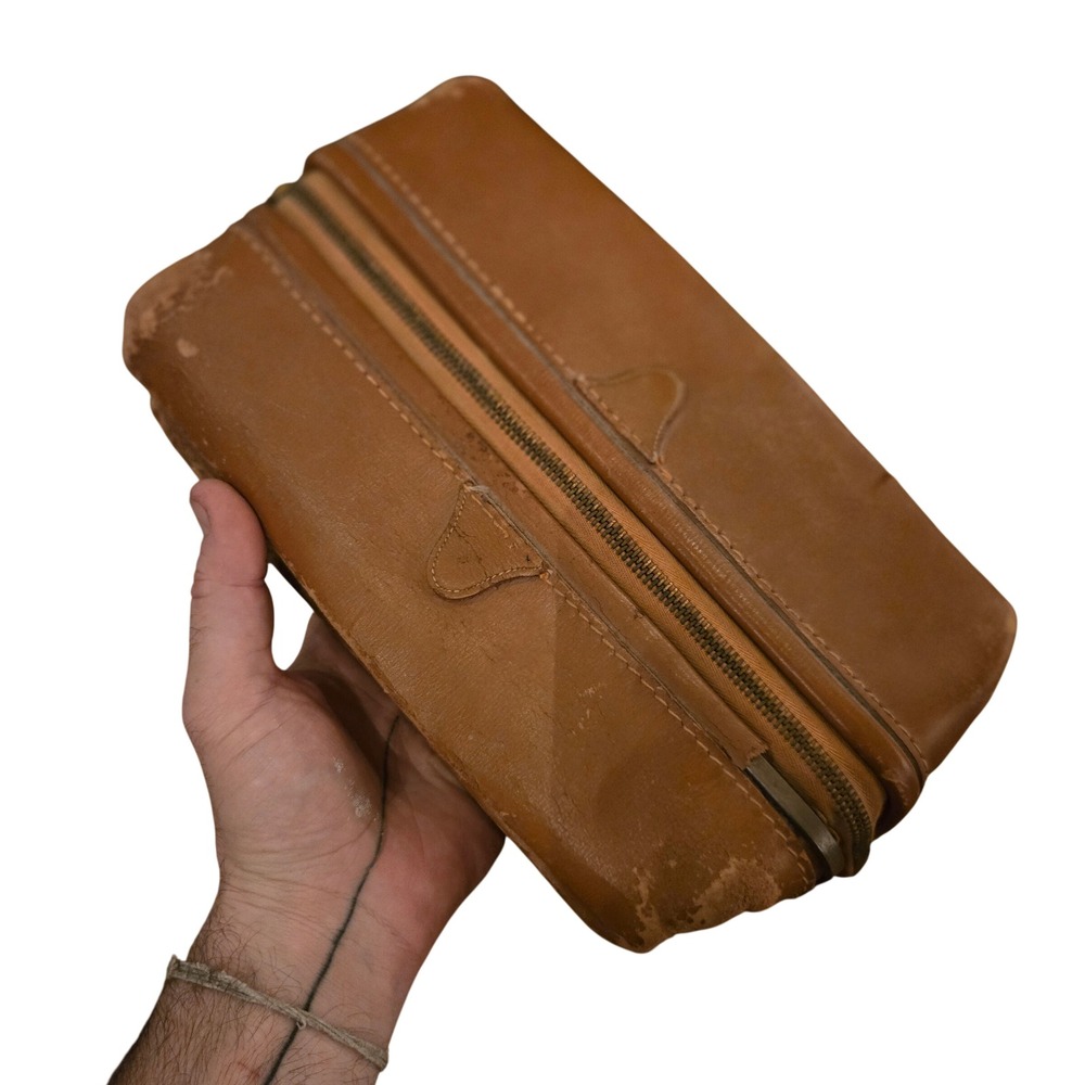VTG MCM 50s 60s Mens Dopp Kit Toiletry Bag Brown Leather Talon Zipper Distressed